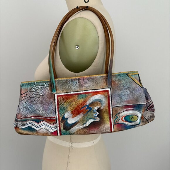 Anuschka Handpainted Leather Satchel Triple Compartment Aztec Shoulder Bag - Picture 2 of 8